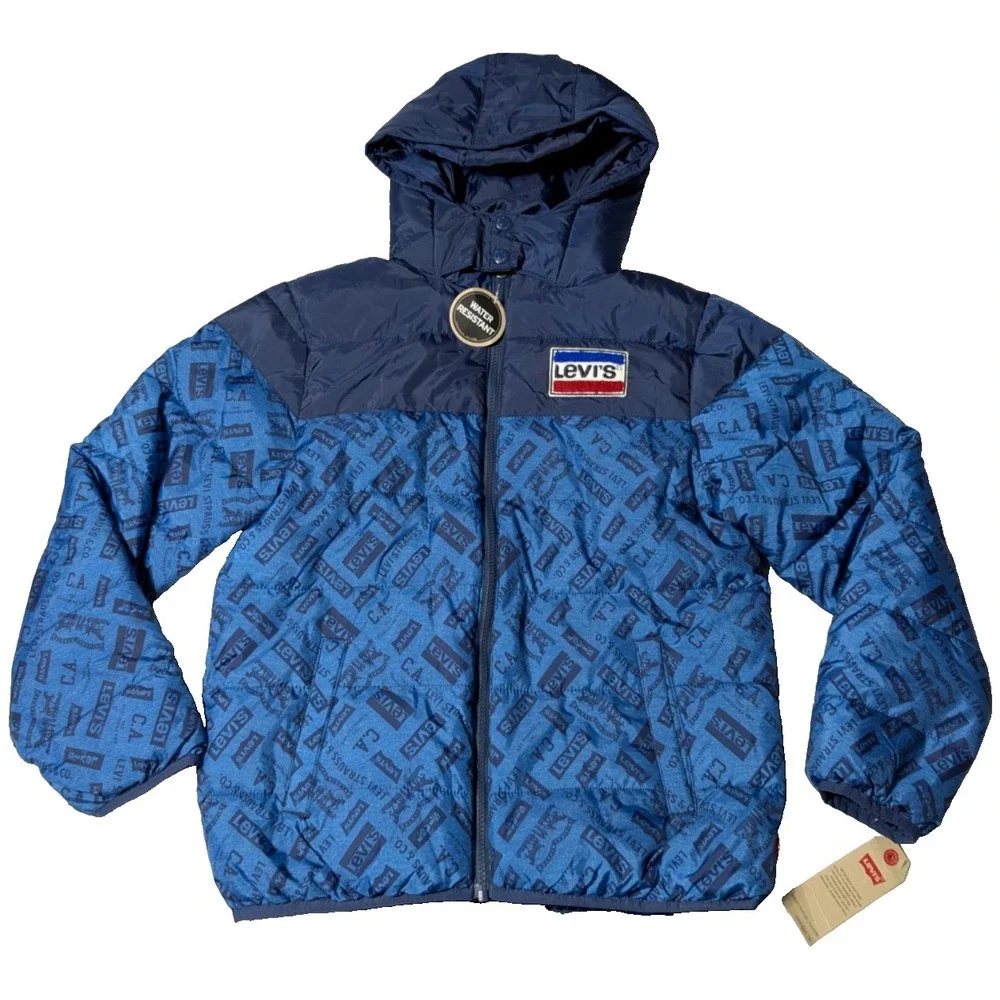 LEVIS Boys Large (12-13 Yrs) Blue Colorblock Zip Logo Hooded Puffer Jacket NEW‎